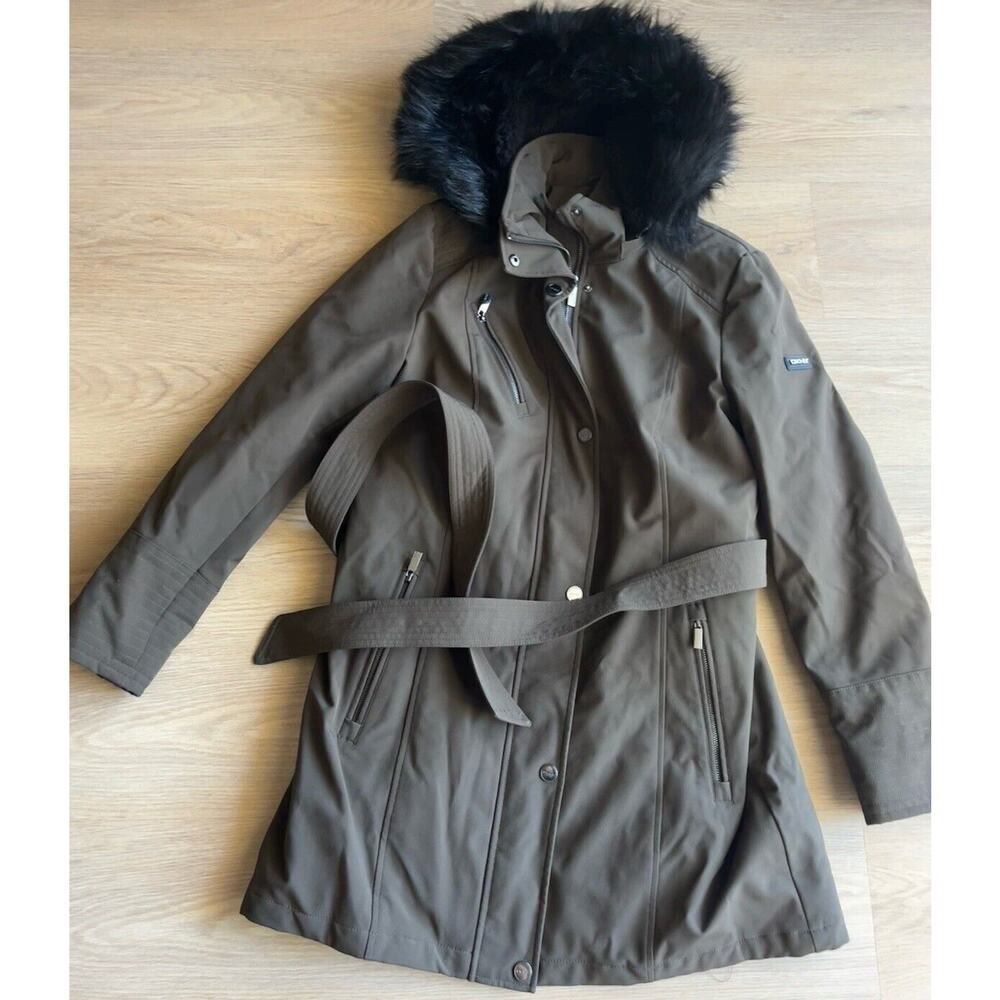 DKNY Womens Faux Fur Hooded Full-Zip Brown Parka Jacket Long Coat Size Medium